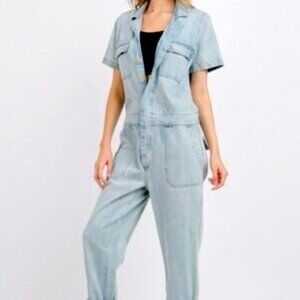 SIGNATURE8 Women Light Wash Denim Utility Jumpsuit Coverall Size M/L 100% Cotton